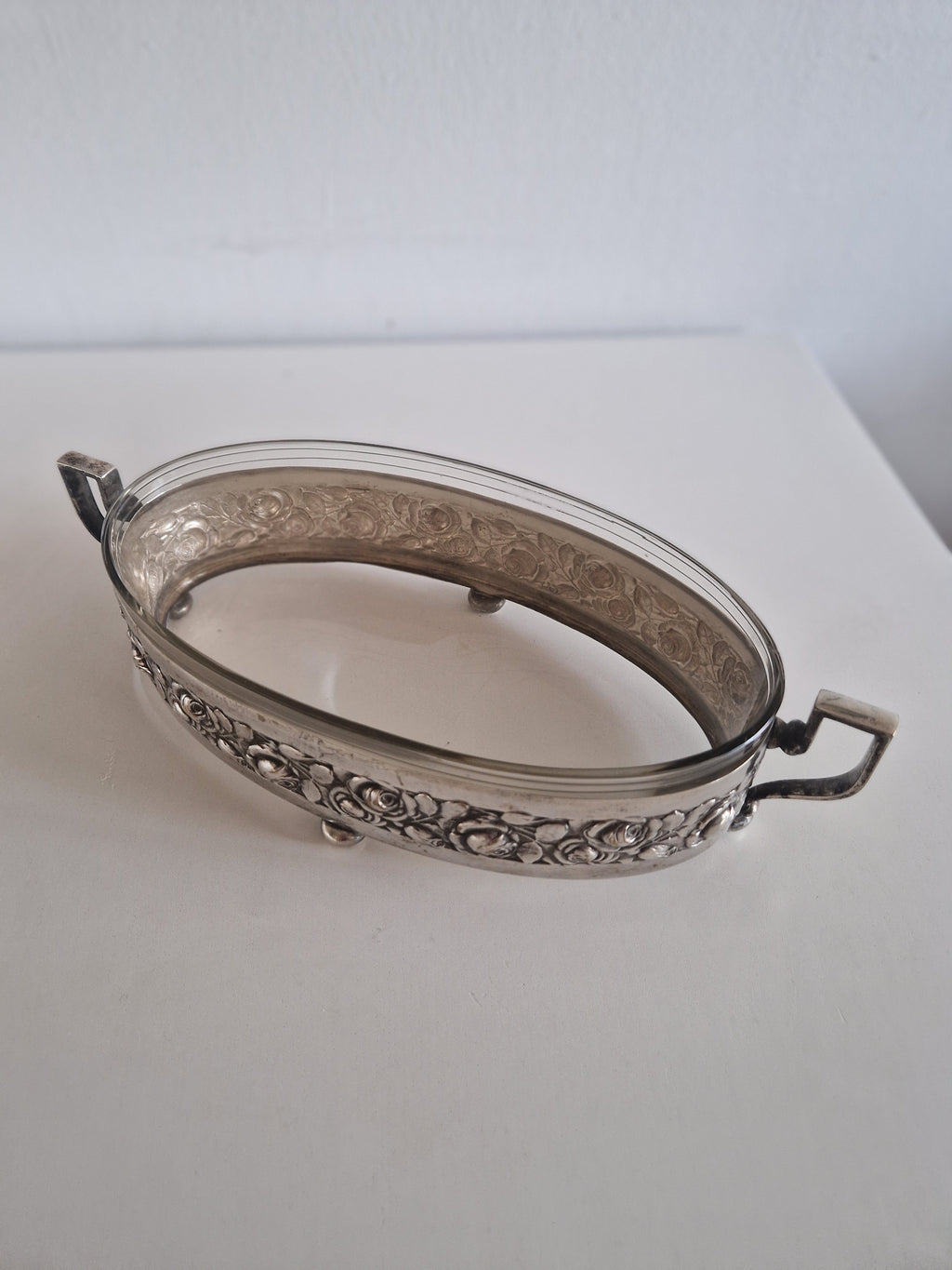 Vintage Silver-Plated Oval Serving Dish with Glass Insert & Rose Decoration