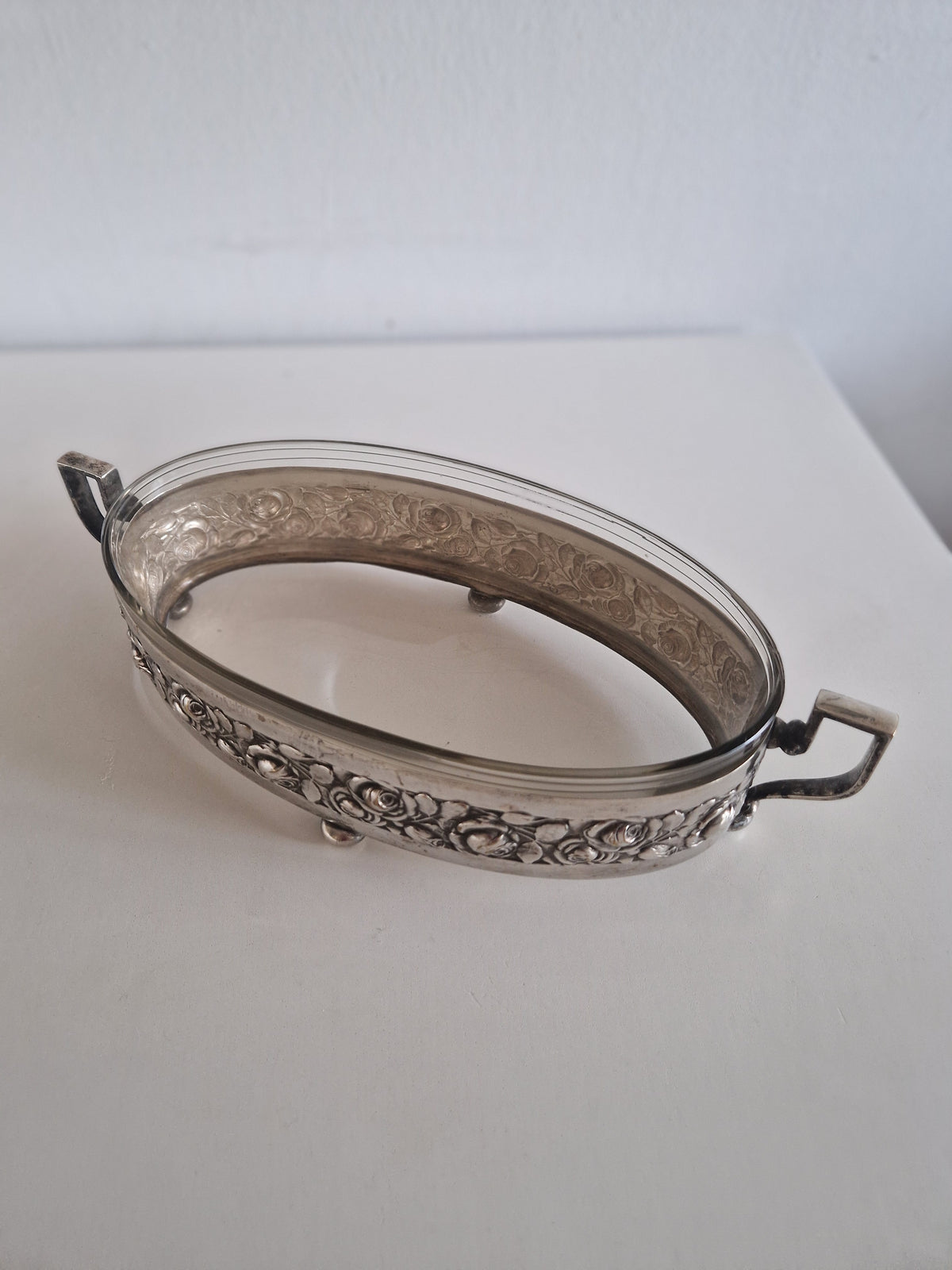 Vintage Silver-Plated Oval Serving Dish with Glass Insert & Rose Decoration