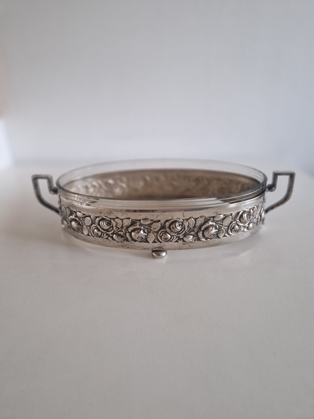 Vintage Silver-Plated Oval Serving Dish with Glass Insert & Rose Decoration