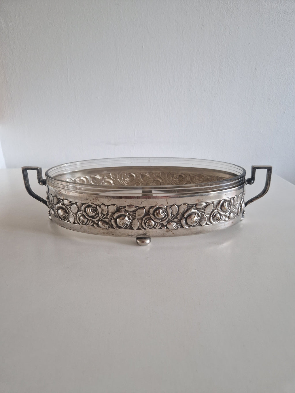 Vintage Silver-Plated Oval Serving Dish with Glass Insert & Rose Decoration
