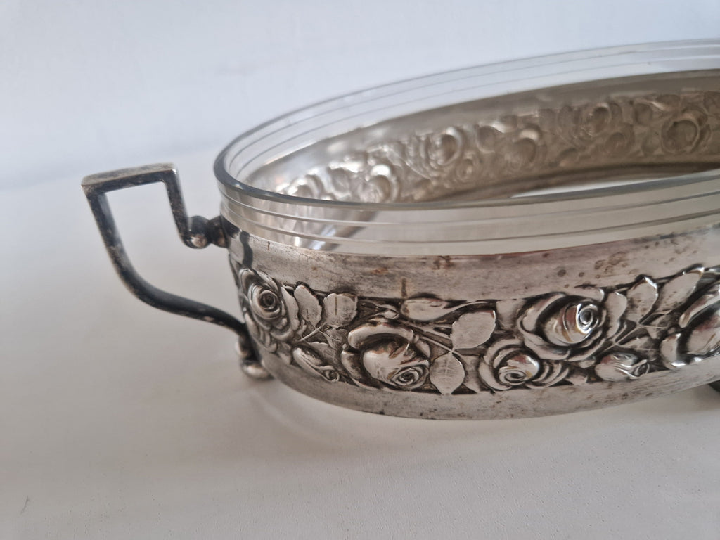 Vintage Silver-Plated Oval Serving Dish with Glass Insert & Rose Decoration