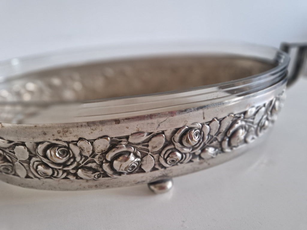 Vintage Silver-Plated Oval Serving Dish with Glass Insert & Rose Decoration