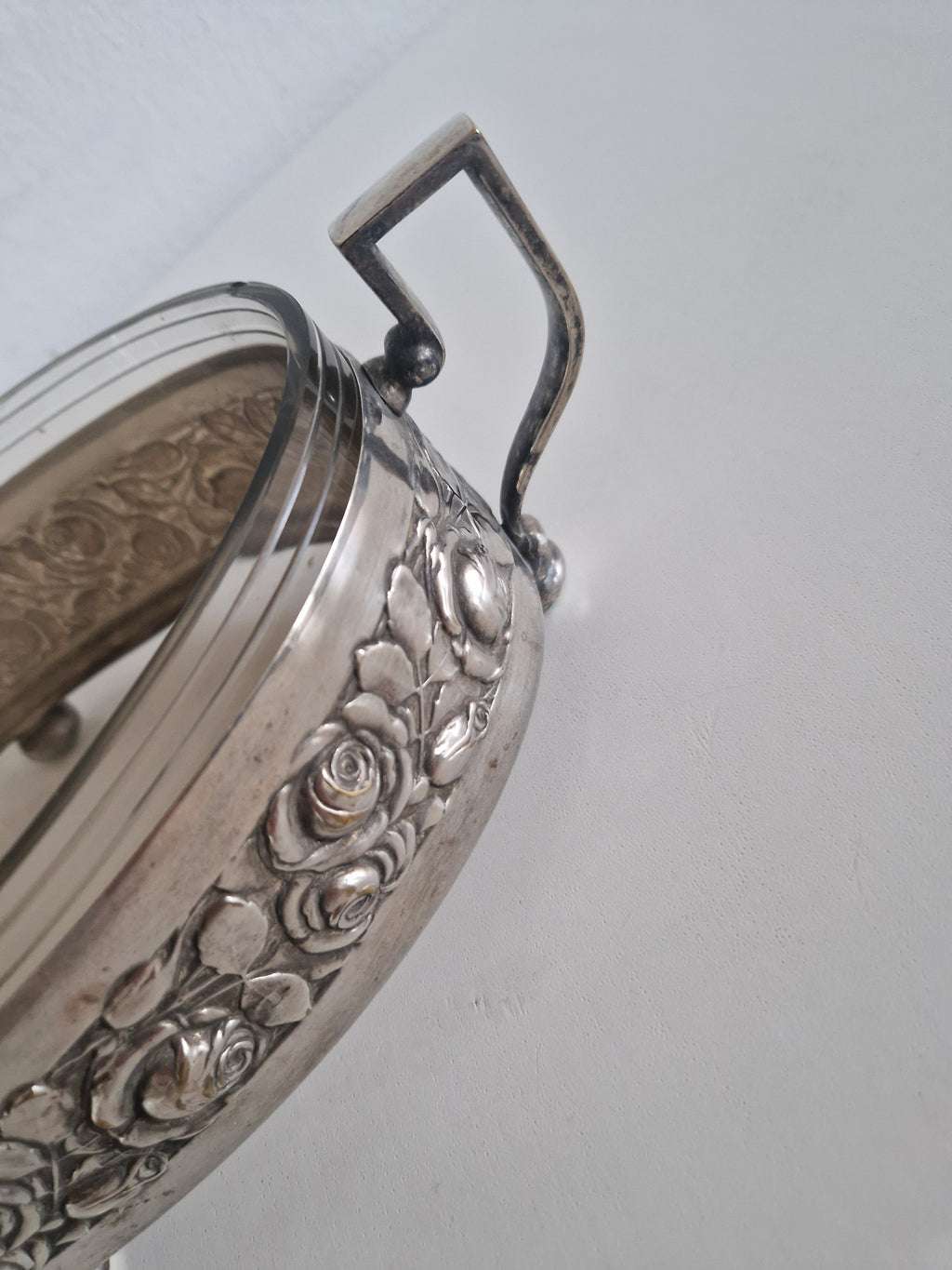 Vintage Silver-Plated Oval Serving Dish with Glass Insert & Rose Decoration