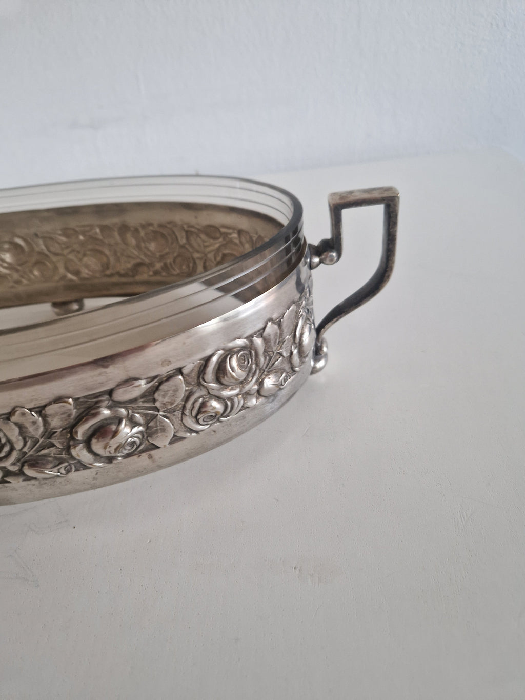 Vintage Silver-Plated Oval Serving Dish with Glass Insert & Rose Decoration