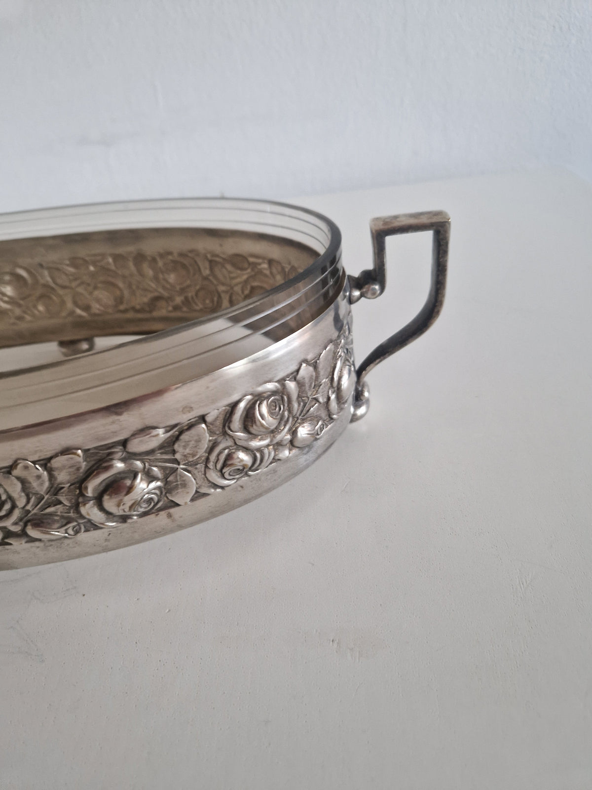 Vintage Silver-Plated Oval Serving Dish with Glass Insert & Rose Decoration