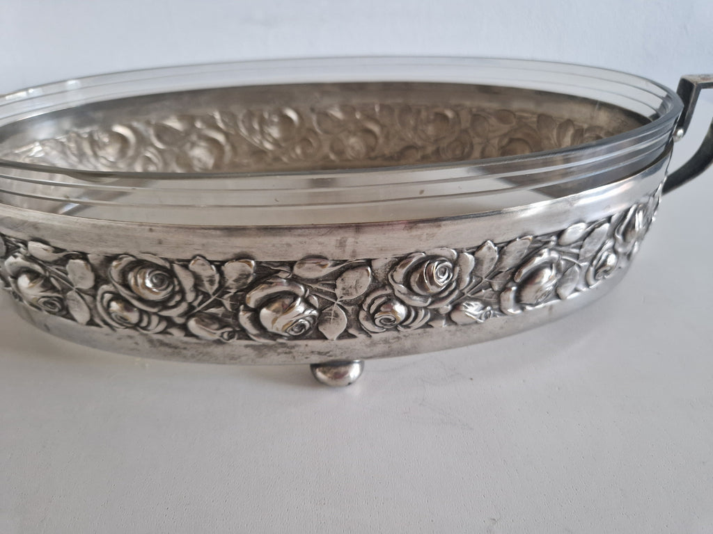 Vintage Silver-Plated Oval Serving Dish with Glass Insert & Rose Decoration