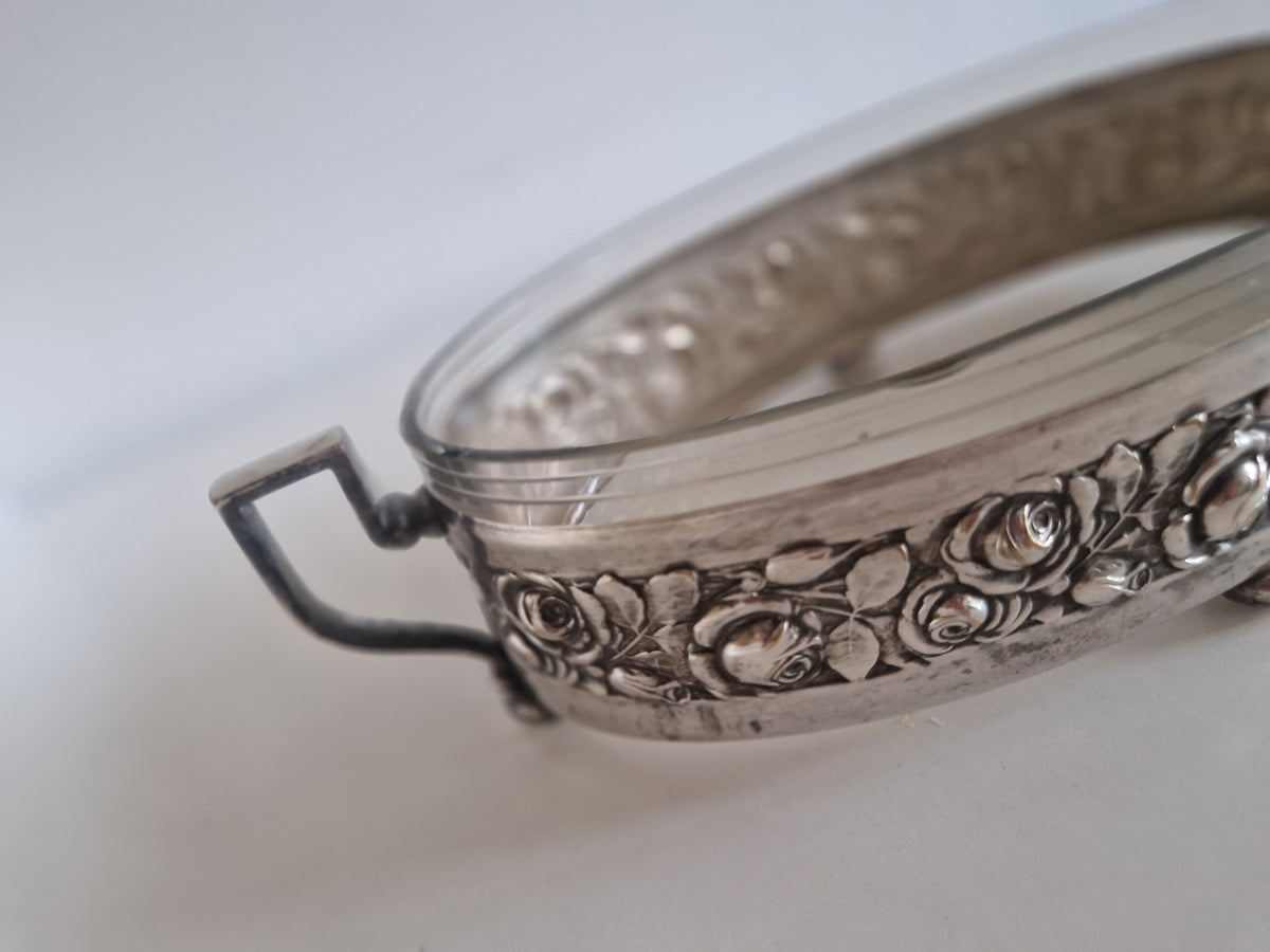 Vintage Silver-Plated Oval Serving Dish with Glass Insert & Rose Decoration