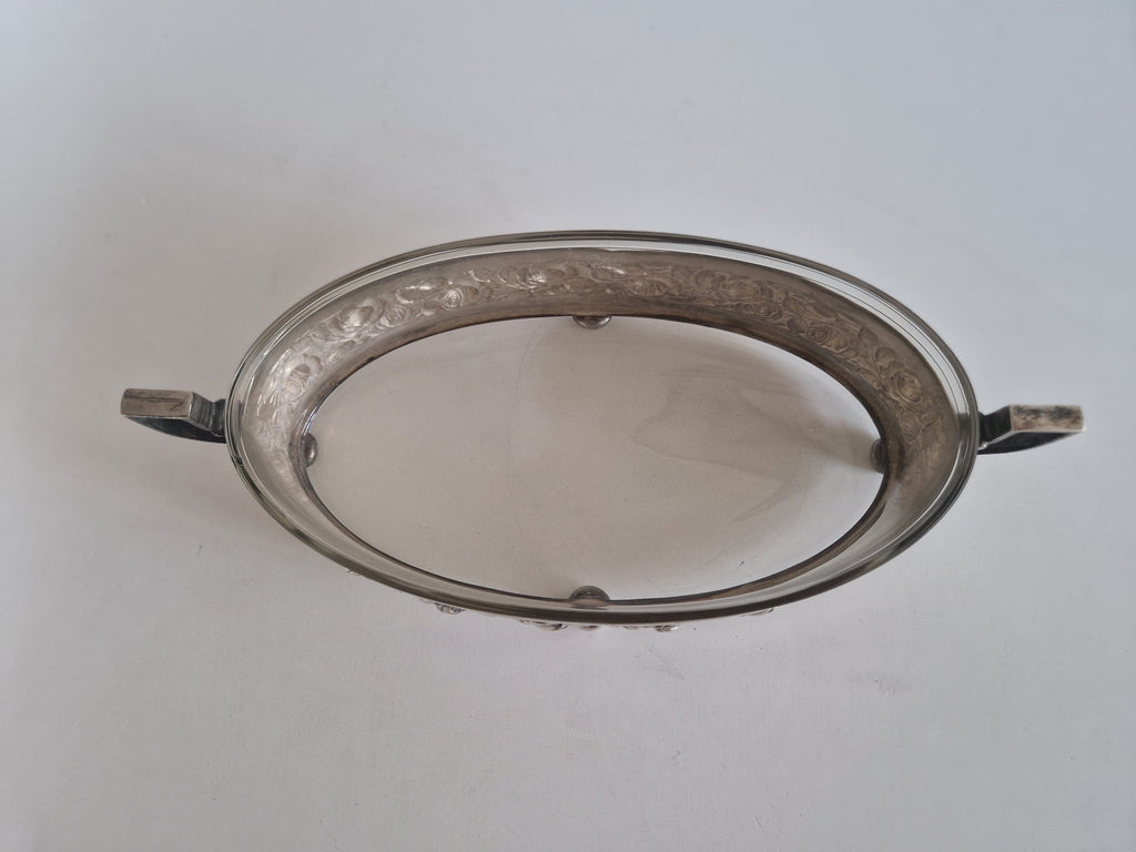 Vintage Silver-Plated Oval Serving Dish with Glass Insert & Rose Decoration
