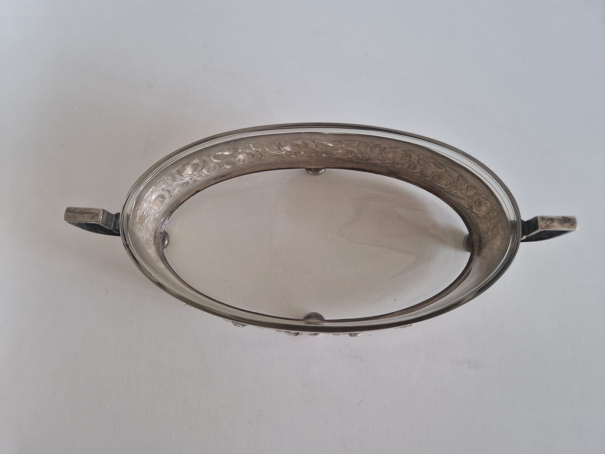 Vintage Silver-Plated Oval Serving Dish with Glass Insert & Rose Decoration