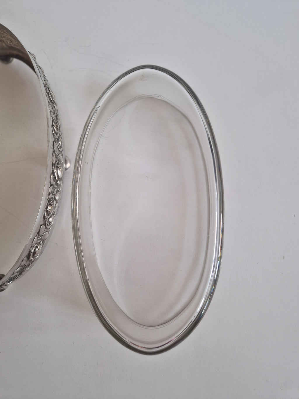 Vintage Silver-Plated Oval Serving Dish with Glass Insert & Rose Decoration