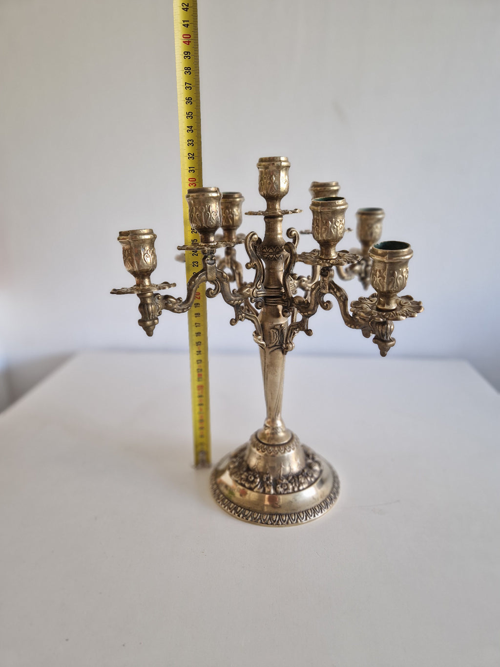 Vintage Brass 9-Arm Candelabra, Ornate Rococo-Style Candle Holder