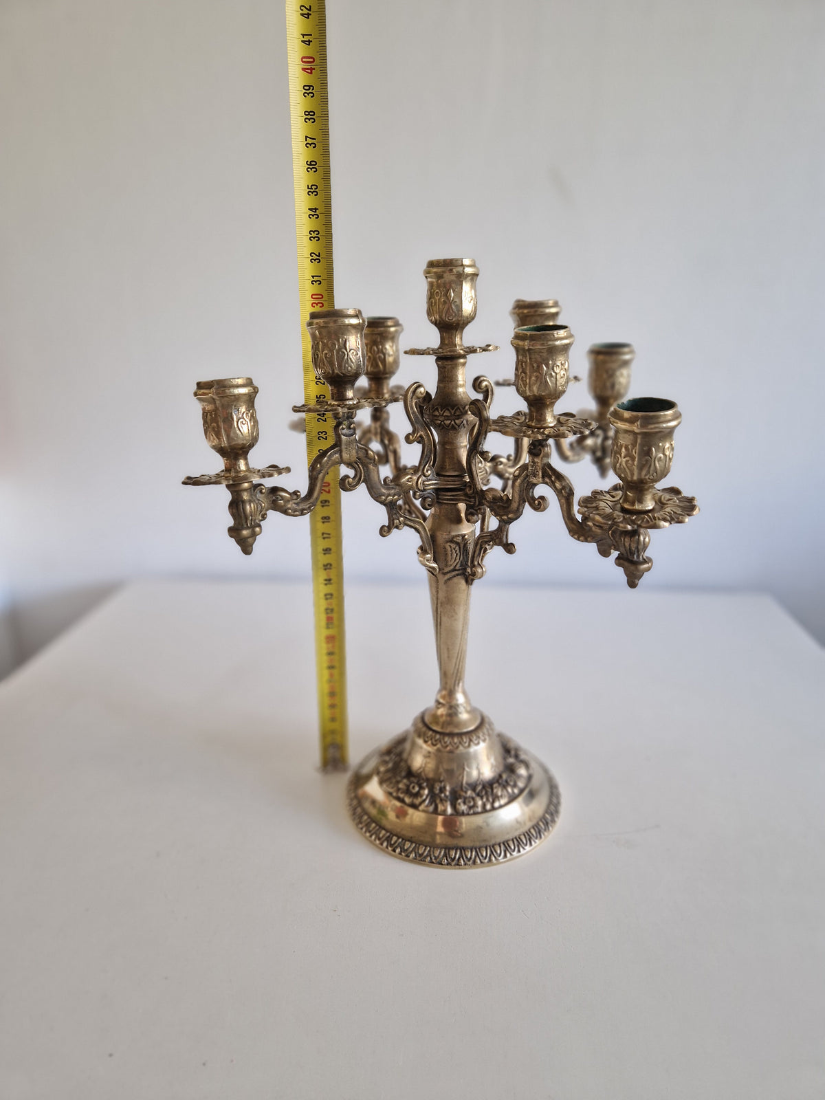 Vintage Brass 9-Arm Candelabra, Ornate Rococo-Style Candle Holder