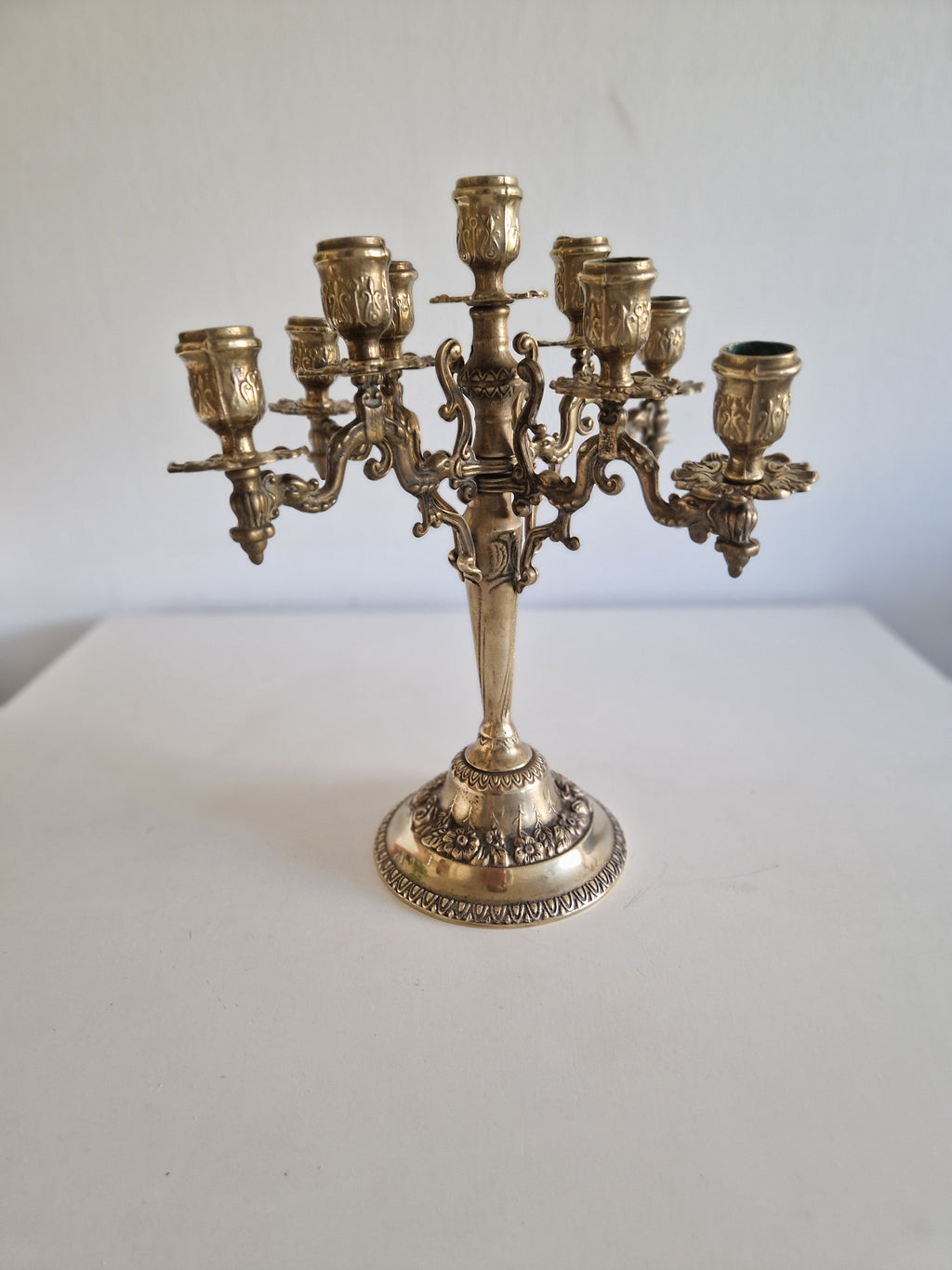 Vintage Brass 9-Arm Candelabra, Ornate Rococo-Style Candle Holder