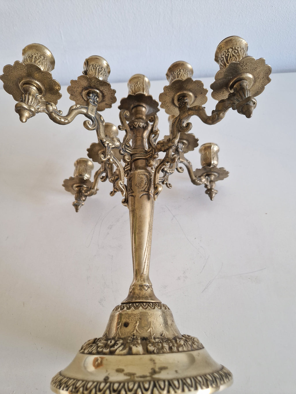 Vintage Brass 9-Arm Candelabra, Ornate Rococo-Style Candle Holder