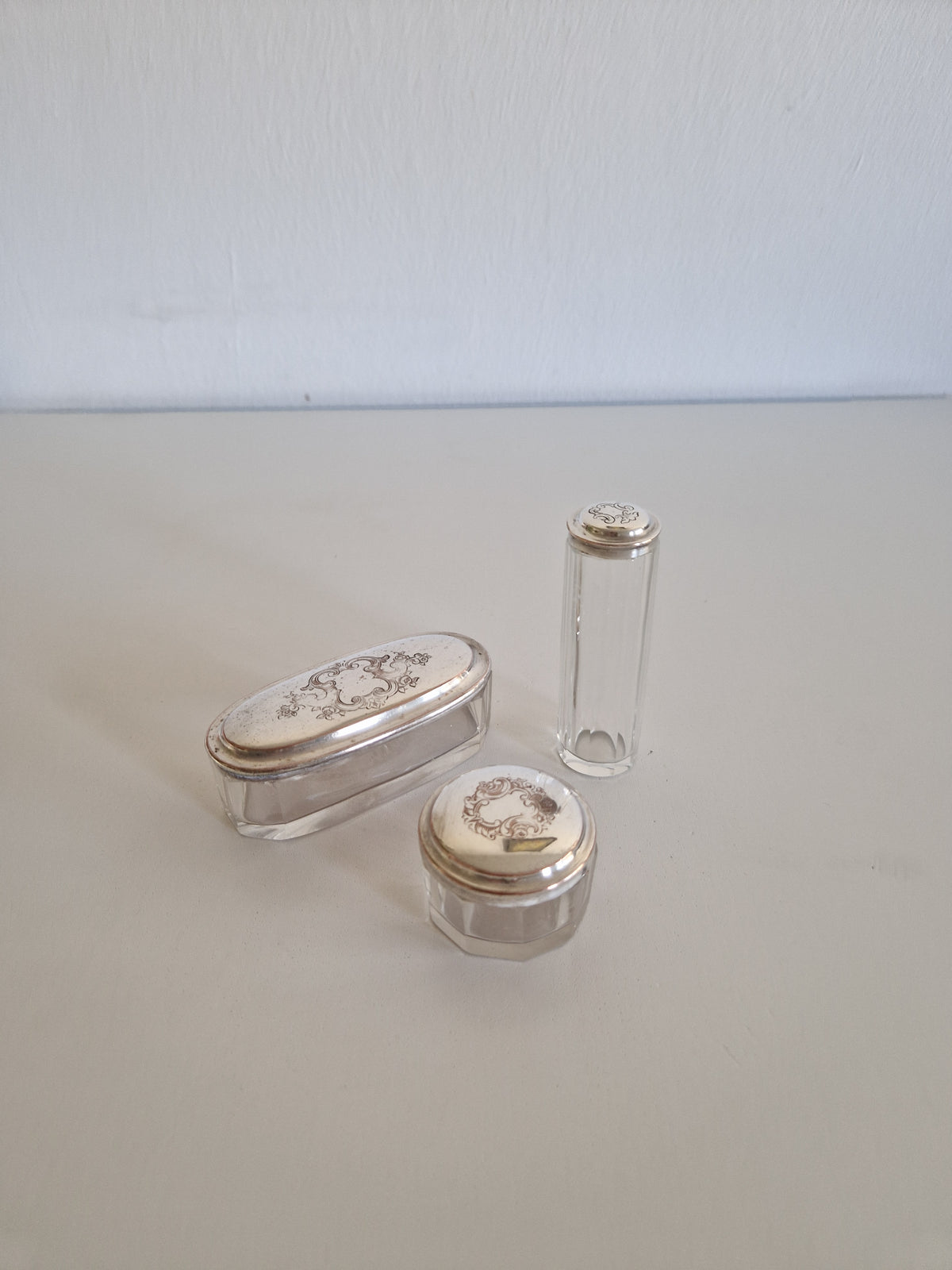Vintage Vanity Set, ca. 1900, 3-Piece Glass Set with Silver-Plated Lid Exteriors