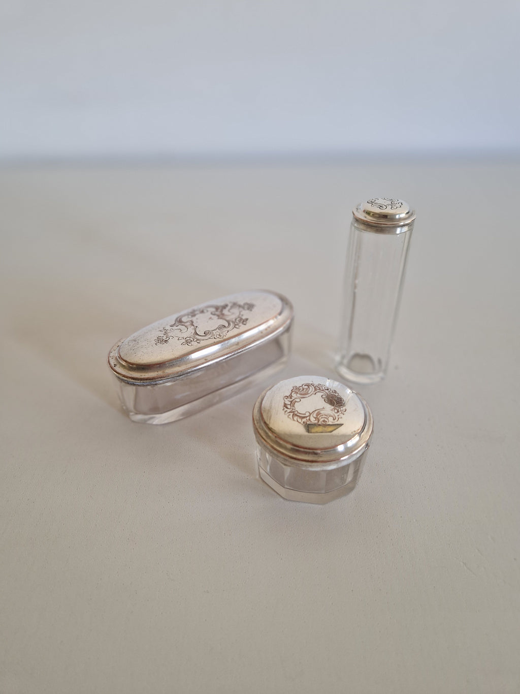 Vintage Vanity Set, ca. 1900, 3-Piece Glass Set with Silver-Plated Lid Exteriors