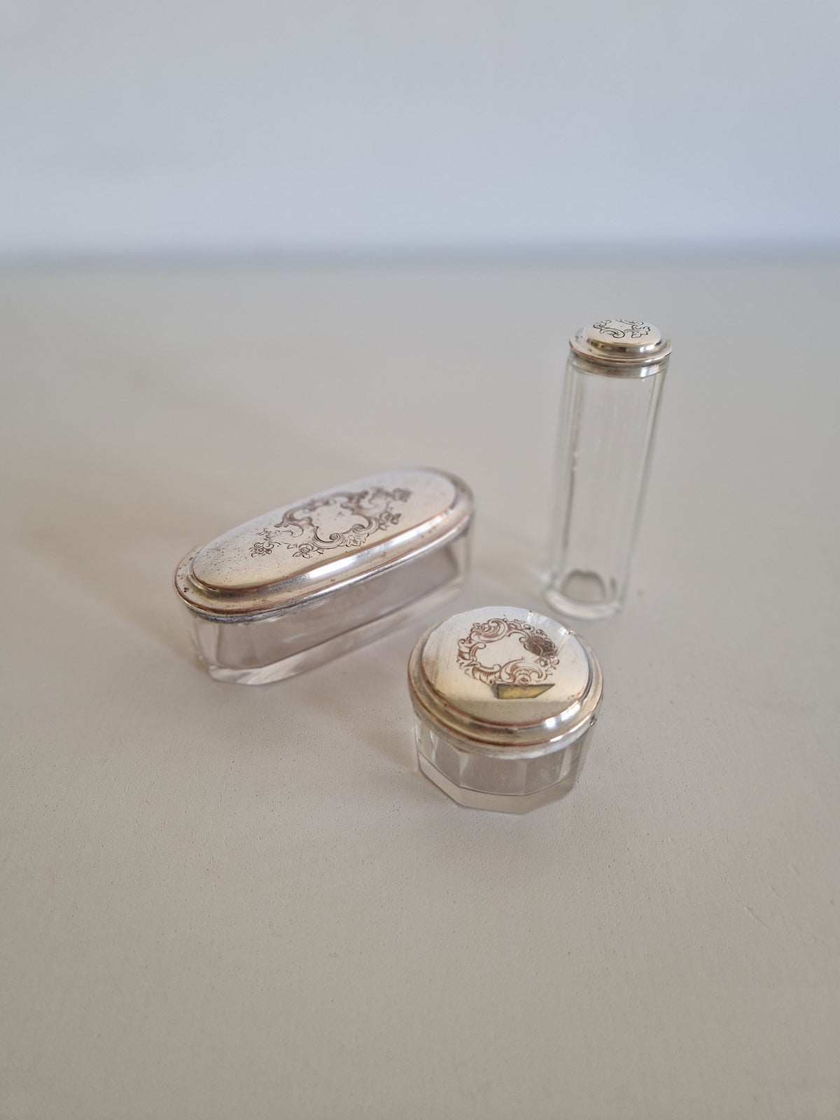 Vintage Vanity Set, ca. 1900, 3-Piece Glass Set with Silver-Plated Lid Exteriors