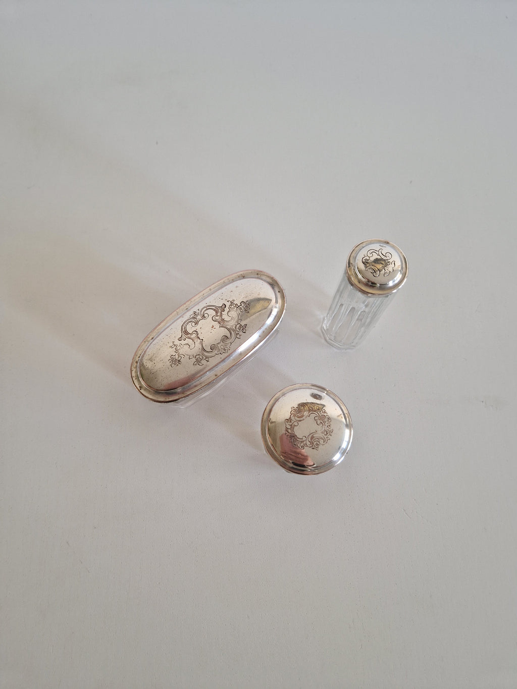 Vintage Vanity Set, ca. 1900, 3-Piece Glass Set with Silver-Plated Lid Exteriors