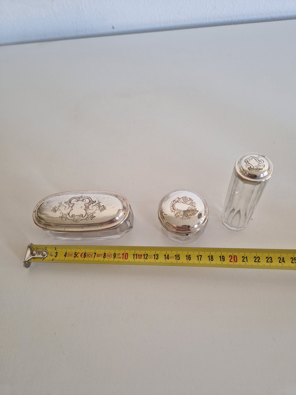 Vintage Vanity Set, ca. 1900, 3-Piece Glass Set with Silver-Plated Lid Exteriors