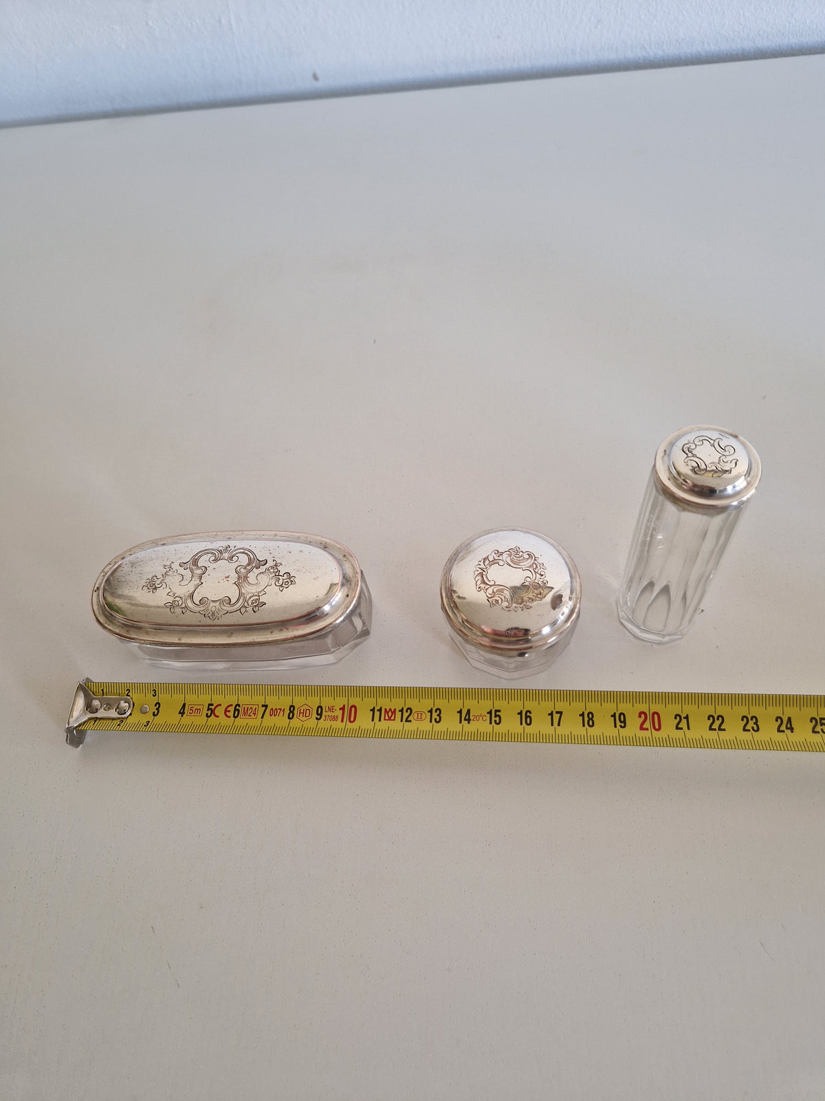 Vintage Vanity Set, ca. 1900, 3-Piece Glass Set with Silver-Plated Lid Exteriors