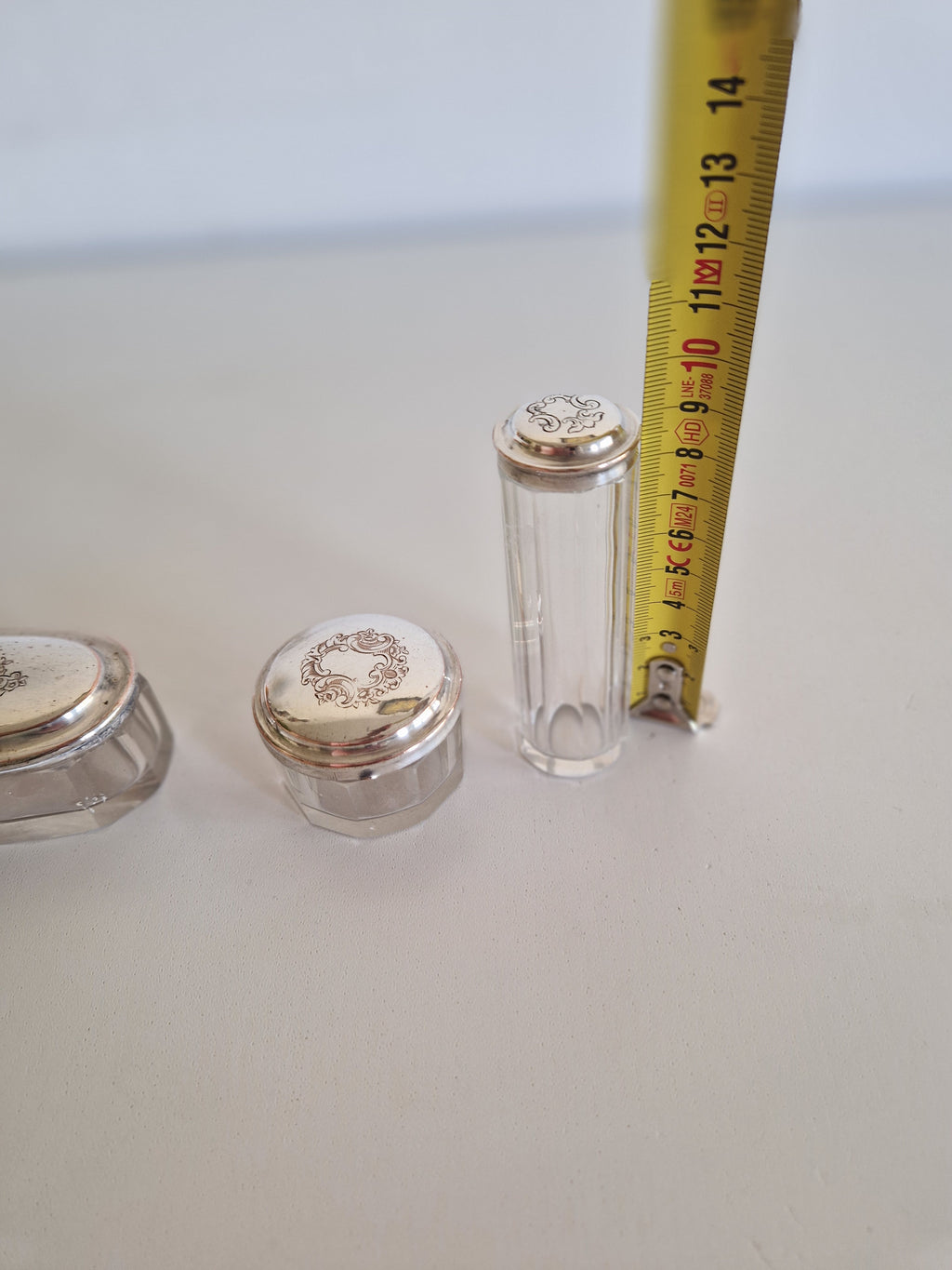 Vintage Vanity Set, ca. 1900, 3-Piece Glass Set with Silver-Plated Lid Exteriors