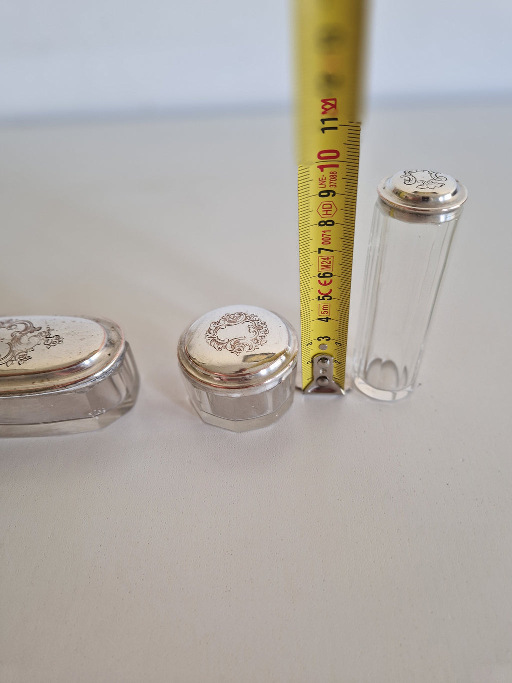 Vintage Vanity Set, ca. 1900, 3-Piece Glass Set with Silver-Plated Lid Exteriors