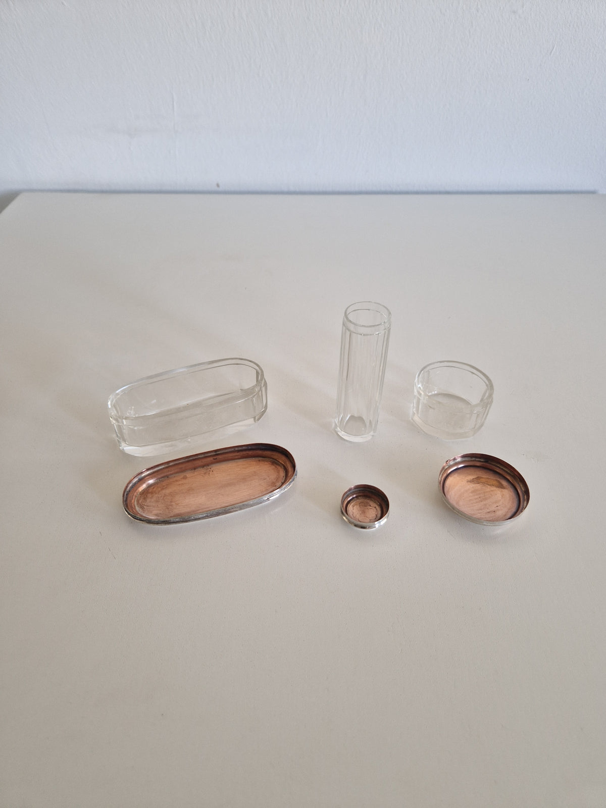 Vintage Vanity Set, ca. 1900, 3-Piece Glass Set with Silver-Plated Lid Exteriors