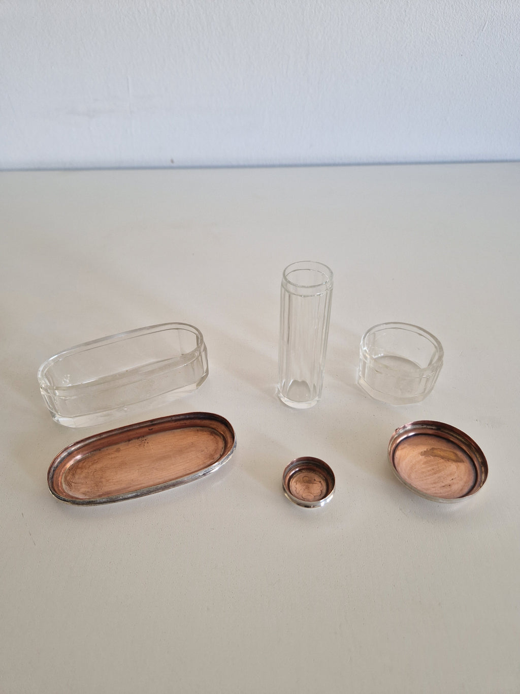 Vintage Vanity Set, ca. 1900, 3-Piece Glass Set with Silver-Plated Lid Exteriors