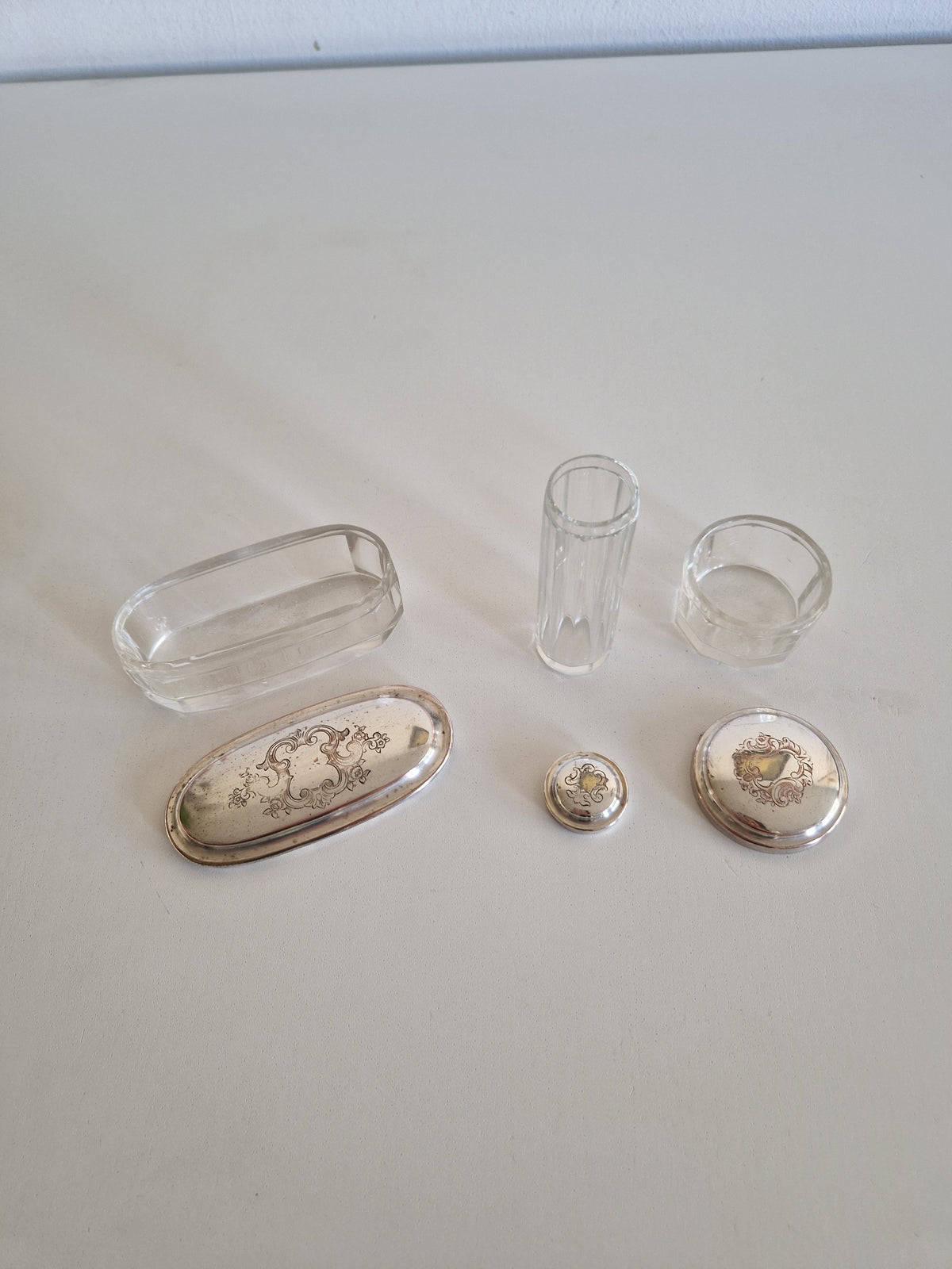 Vintage Vanity Set, ca. 1900, 3-Piece Glass Set with Silver-Plated Lid Exteriors
