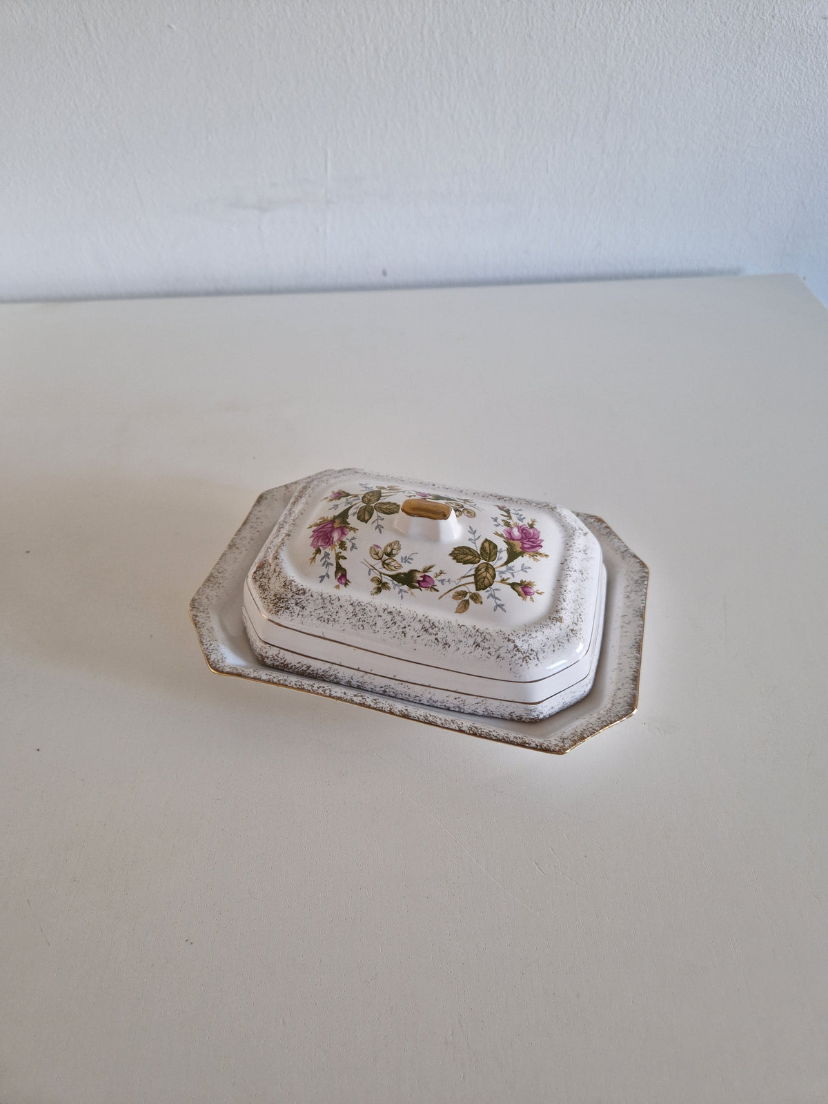 Vintage Chodzież Rose Butter Dish with Lid & Gold Trim