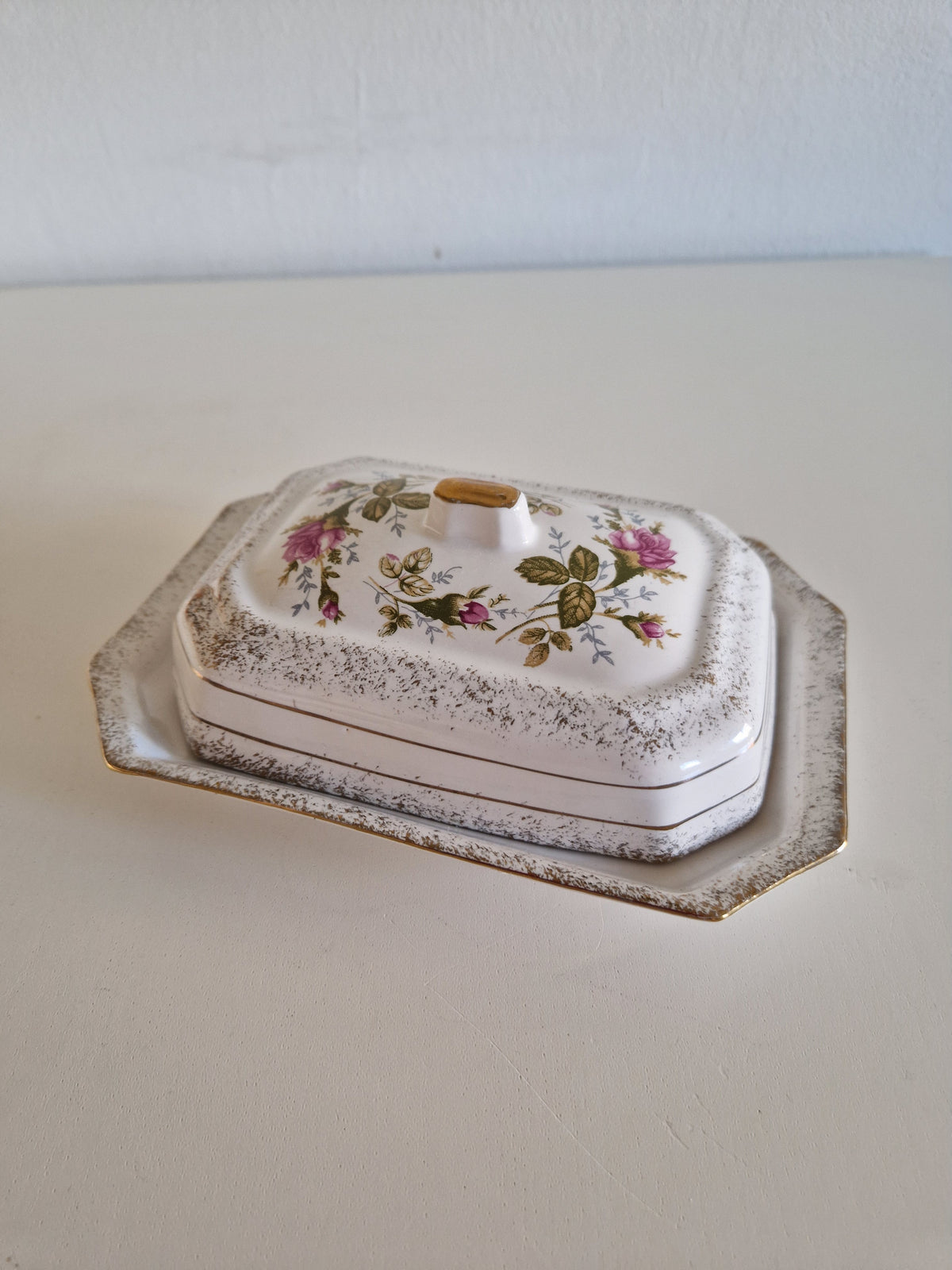 Vintage Chodzież Rose Butter Dish with Lid & Gold Trim