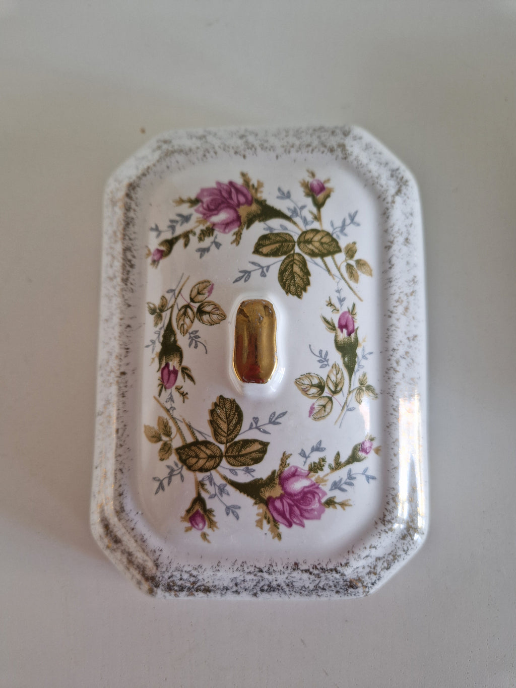Vintage Chodzież Rose Butter Dish with Lid & Gold Trim