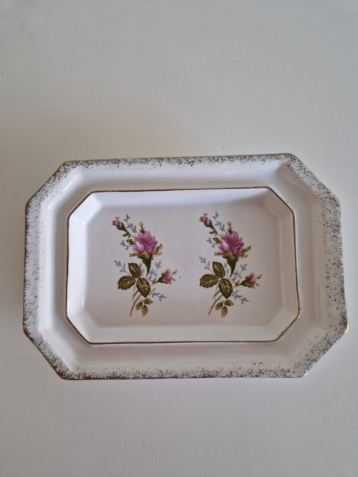 Vintage Chodzież Rose Butter Dish with Lid & Gold Trim