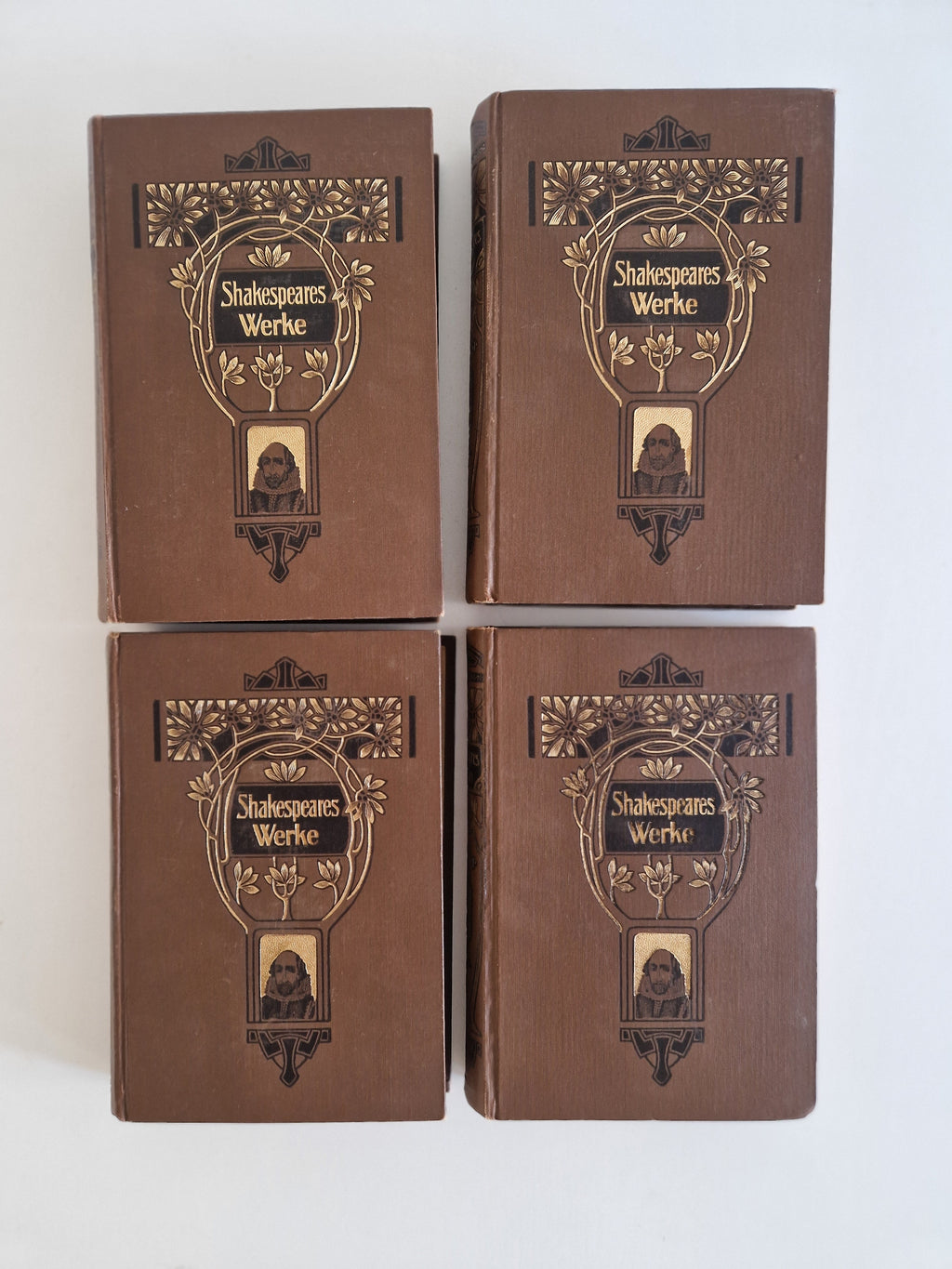 Antique Shakespeare book set – Complete Dramatic Works in German, 12 Volumes in 4 Books, Art Nouveau