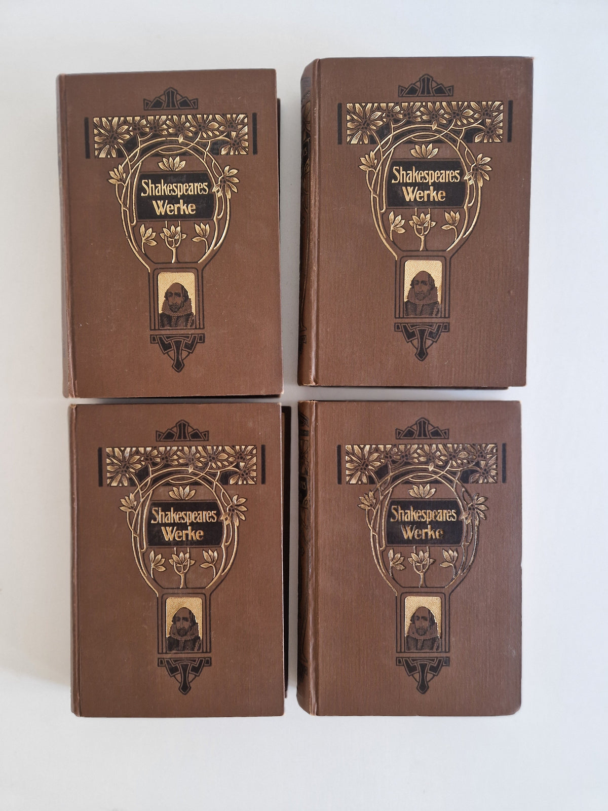 Antique Shakespeare book set – Complete Dramatic Works in German, 12 Volumes in 4 Books, Art Nouveau