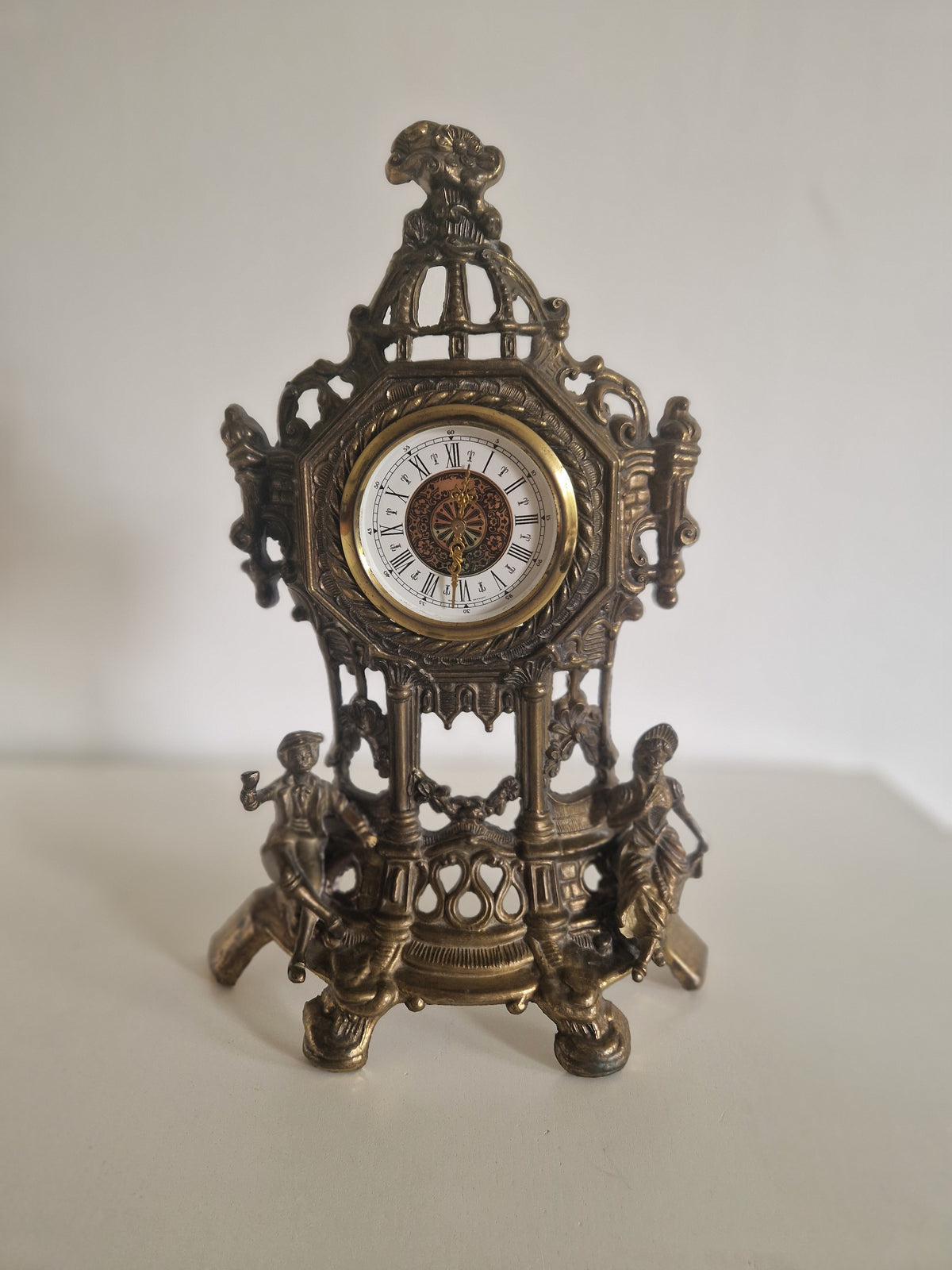 Vintage Brass Figural Mantel Clock, Ornate Rococo Style