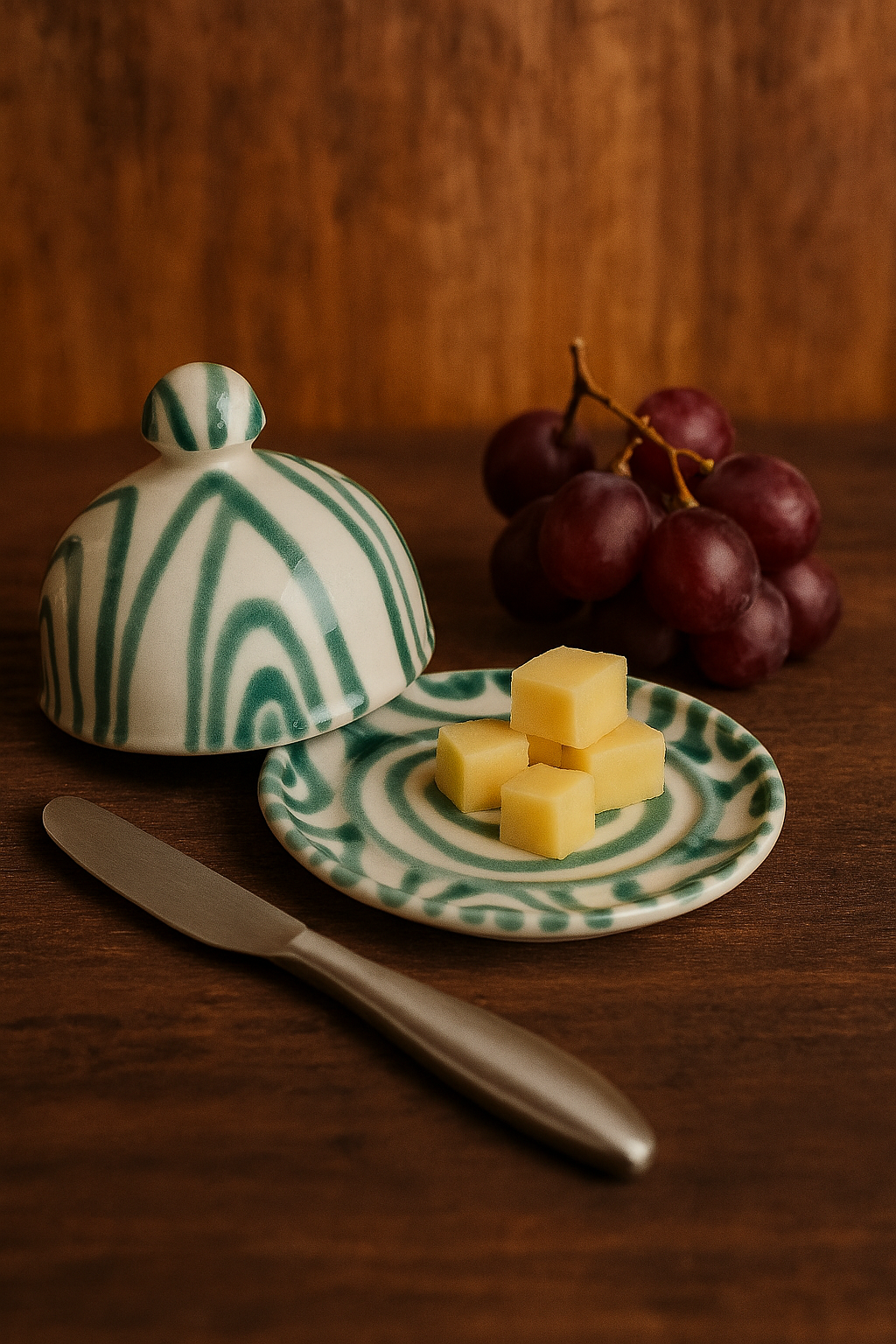 Vintage Gmundner Keramik Butter Dish | Austrian Folk Ceramics | Teal Landlinie Stripe Pattern, c. Mid-20th Century