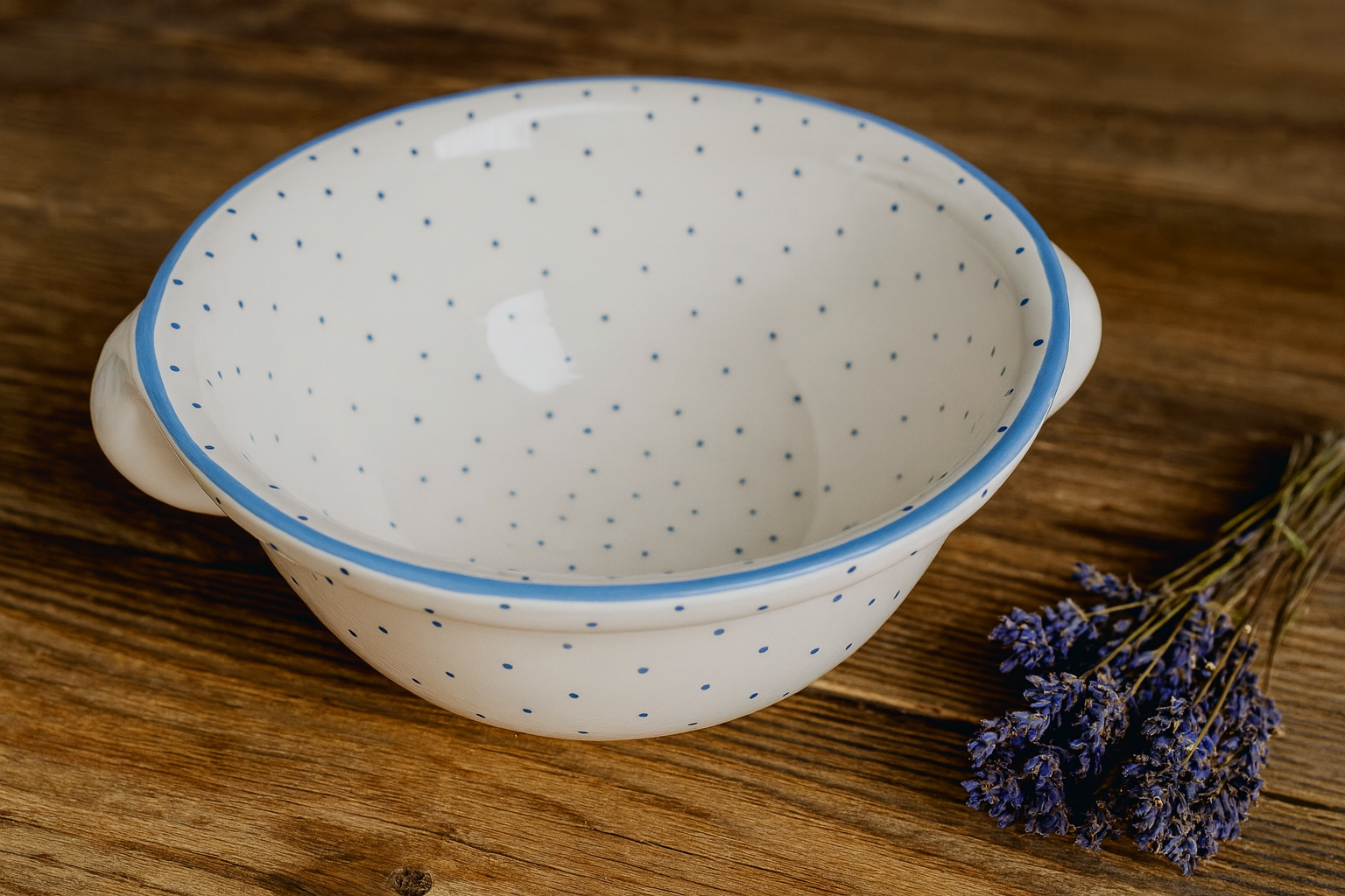 Vintage Gmundner Keramik Large Salad Bowl | Blaupunkte Blue Dot Pattern | Lug Handles | c. Mid-20th Century
