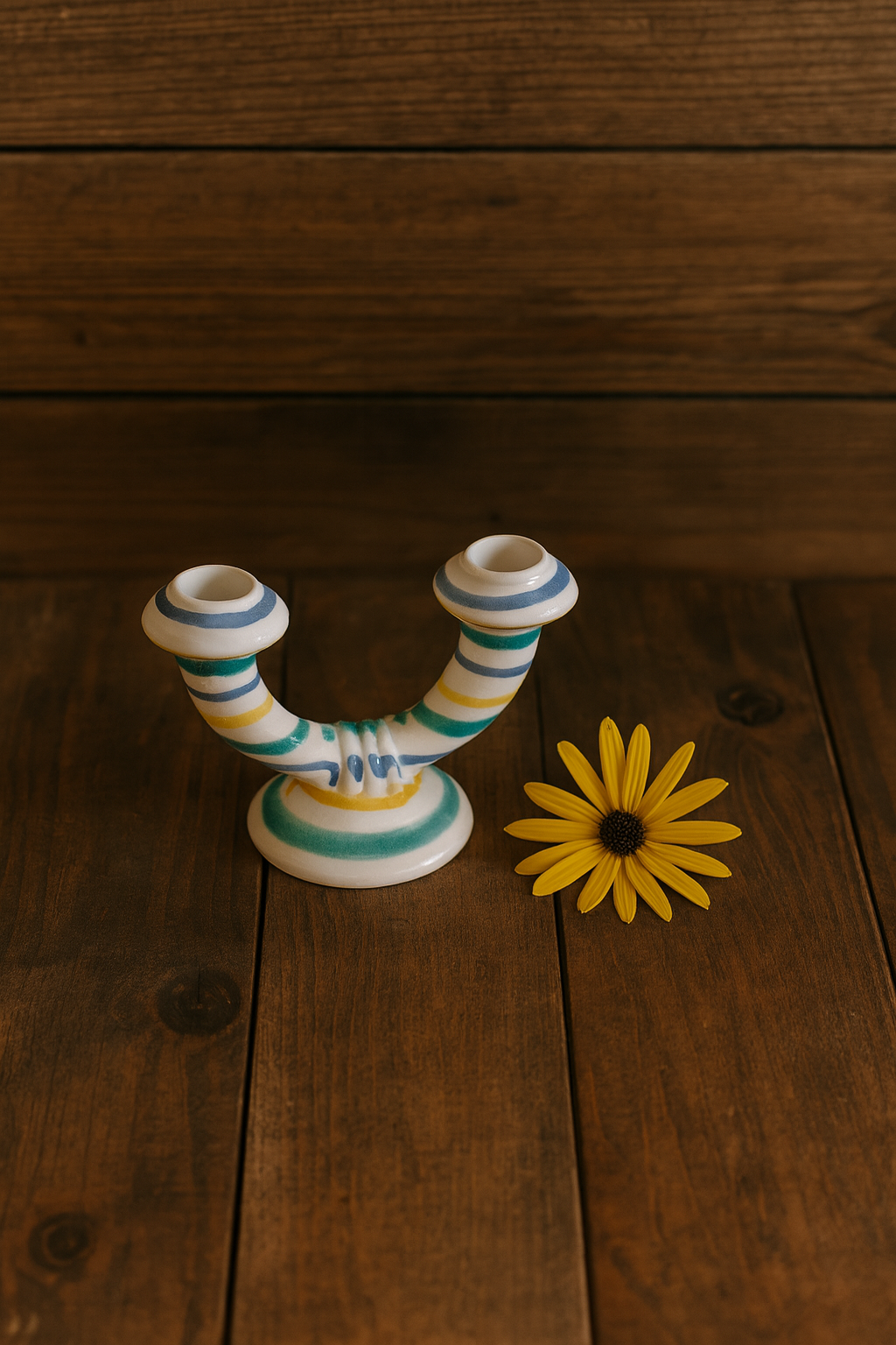 Vintage Gmundner Keramik Double Candle Holder | Two-Arm Ceramic Candelabra | Multicolour Stripe Pattern, c. Mid-20th Century
