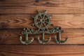 Vintage Cast Iron Nautical Wall Hook Rack | Ship's Wheel & Anchor | 3 Hooks | Distressed Verdigris Finish