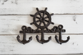 Vintage Cast Iron Nautical Wall Hook Rack | Ship's Wheel Crown & 3 Anchor Hooks | Dark Antiqued Iron Finish