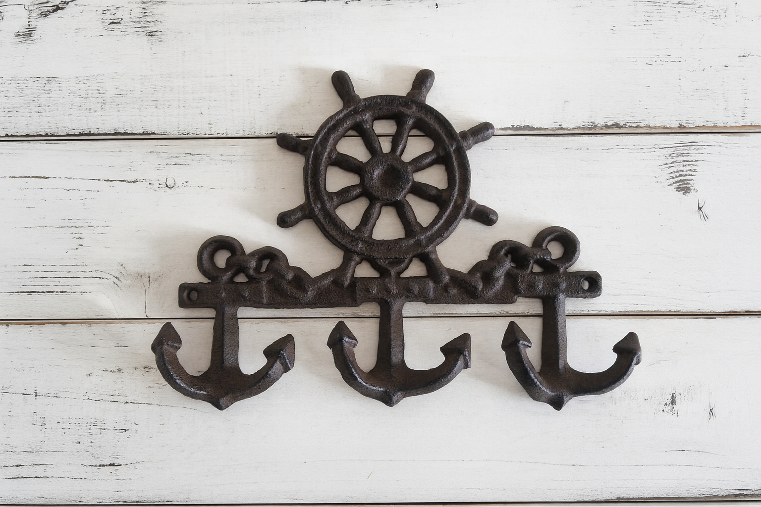 Vintage Cast Iron Nautical Wall Hook Rack | Ship's Wheel Crown & 3 Anchor Hooks | Dark Antiqued Iron Finish