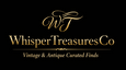 WhisperTreasuresCo logo with gold cursive WT monogram and vintage antique curated finds text.