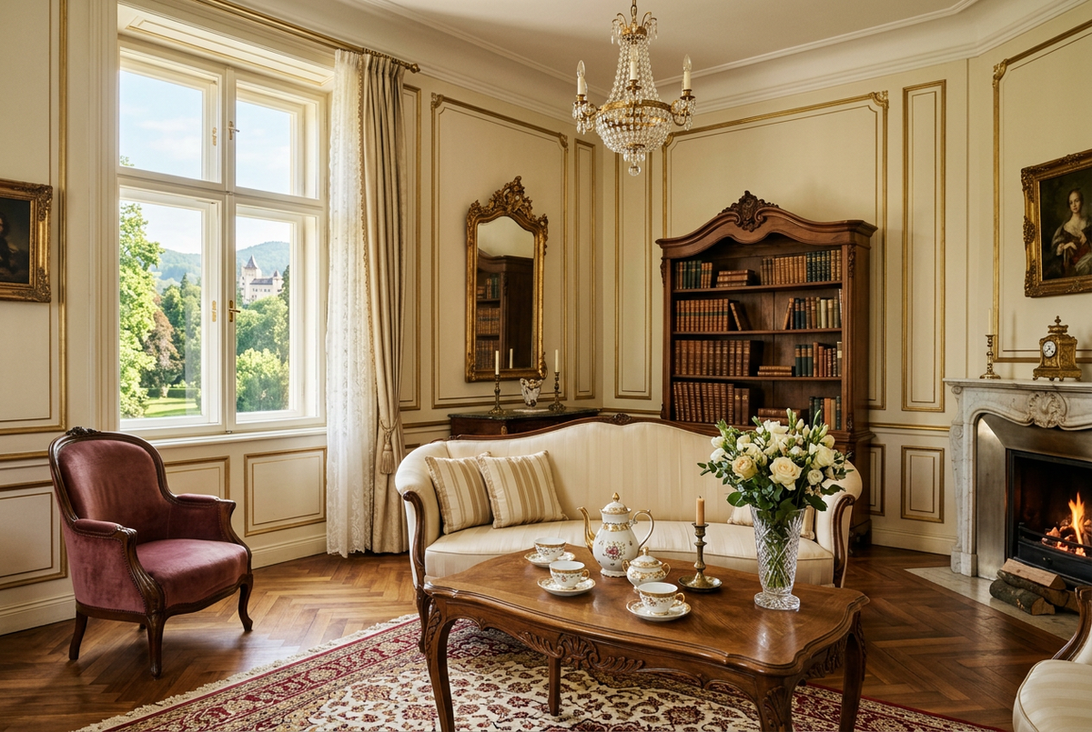 Bečki salon inspiriran habsburškom elegancijom, s porculanom, kristalom i kaminom