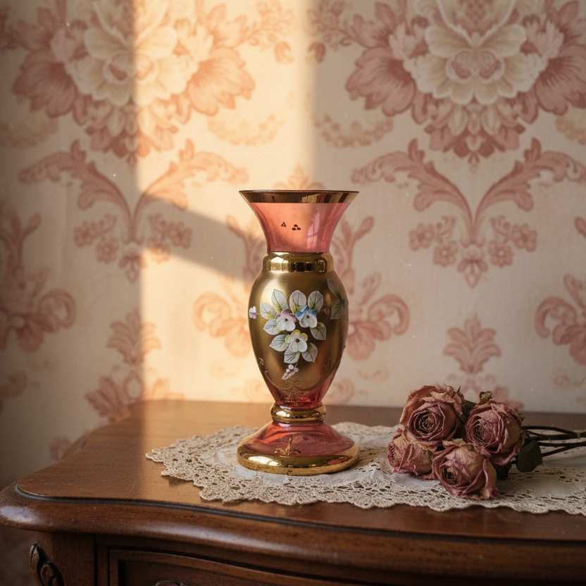 Elegant Bohemian Cranberry Glass Vase with Gold Overlay and Enamel Decoration