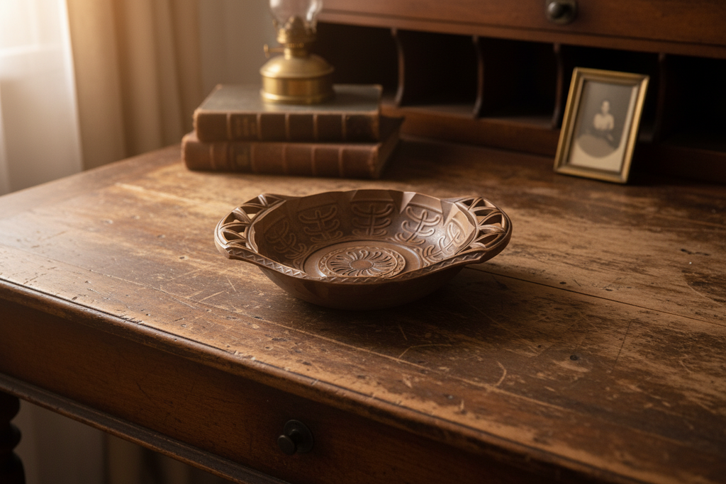 Hand-Carved Wooden Bowl on Vintage Desk