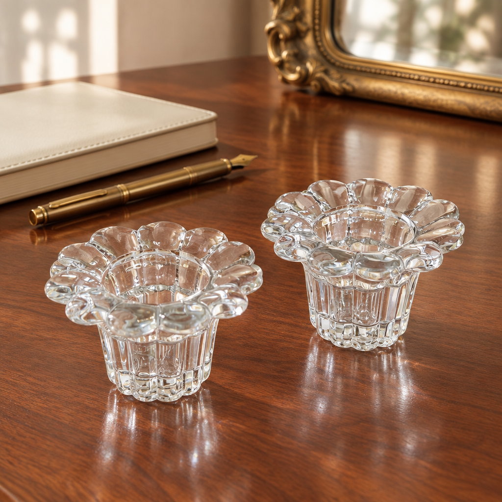 Pair of clear glass flower-rim candle holders on a walnut desk with discreet luxury styling