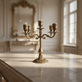 Vintage solid brass five-arm candelabra with scrolling arms floral drip trays and ornate round base