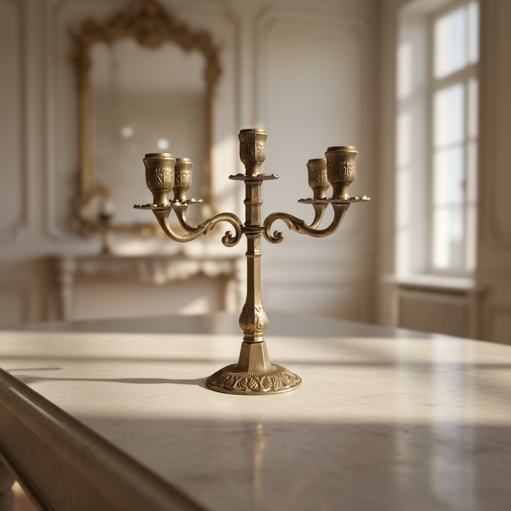 Vintage solid brass five-arm candelabra with scrolling arms floral drip trays and ornate round base
