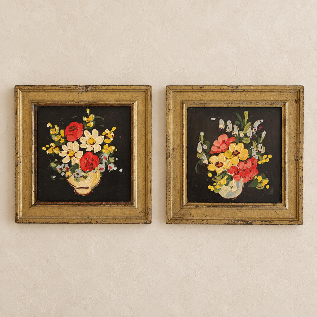 Pair of framed floral still life pictures with distressed gold-tone frames on an ivory wall